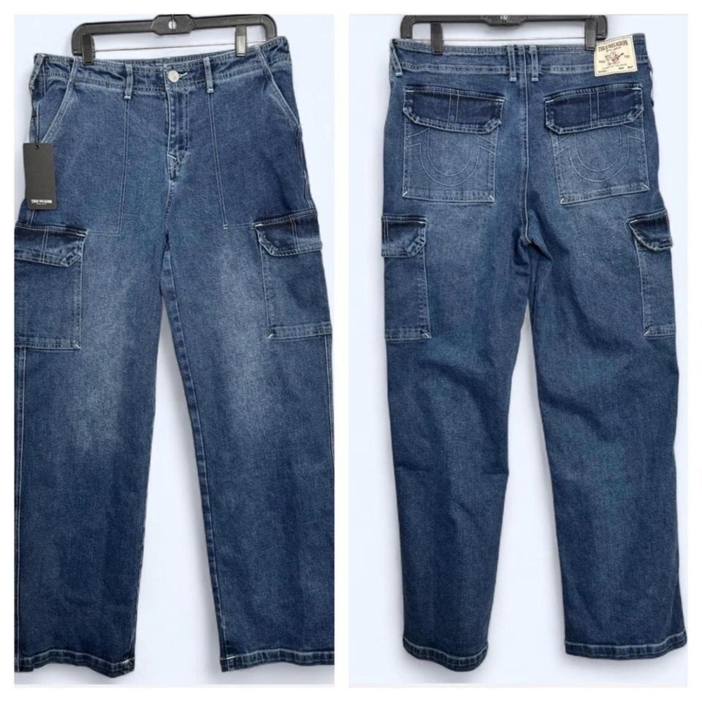 True Religion Denim Cargo Jeans Sz 30 Straight Medium Wash NWT Streetwear Y2K